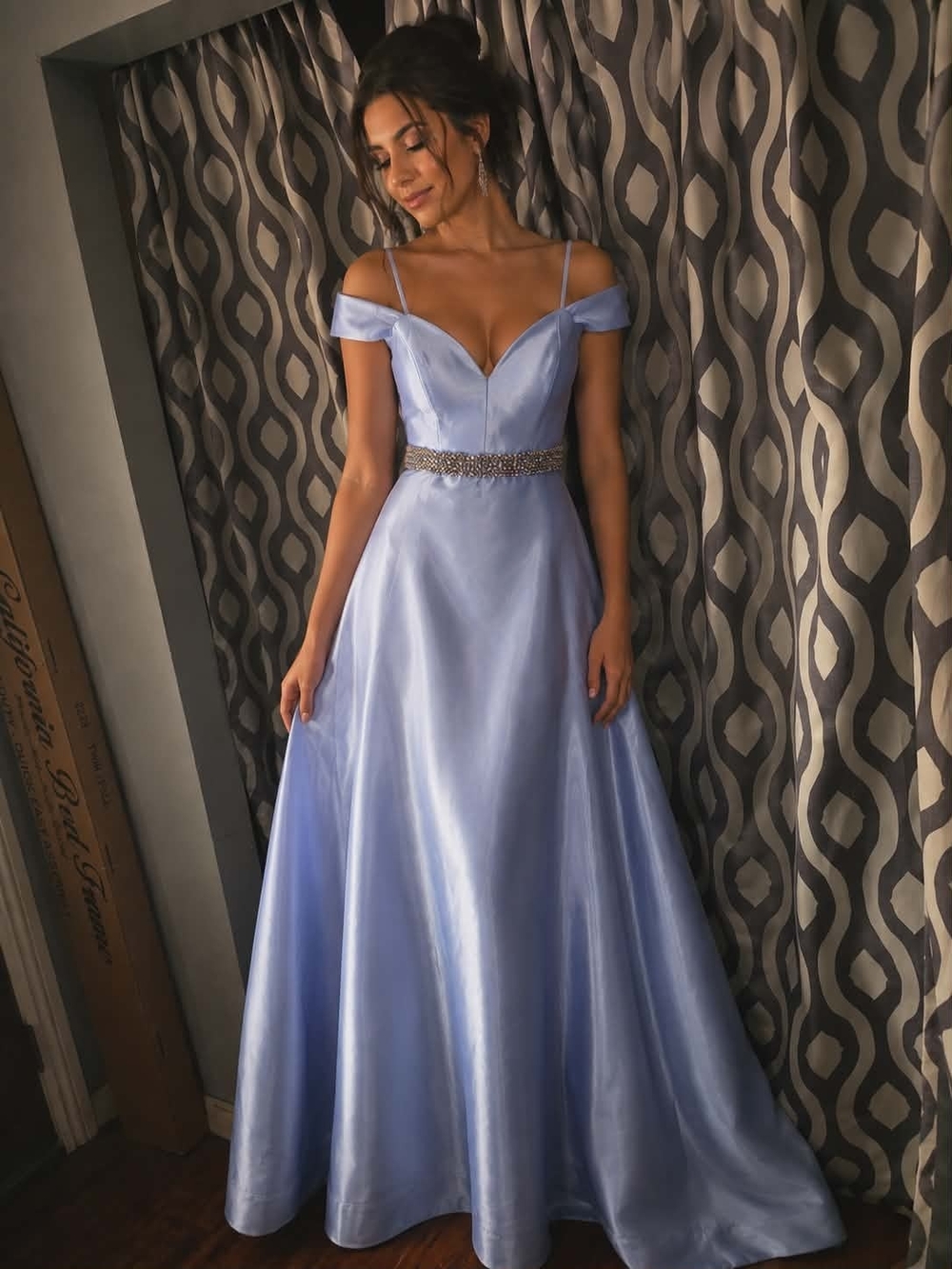 Elegant Light Blue Off-Shoulder Satin Evening Gown